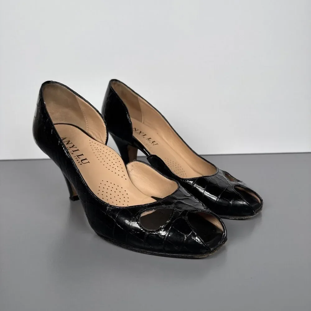 Anyi Lu Handmade In Italy Patent Leather Snakeskin Black Peep Toe Heels Sz 37.5‎